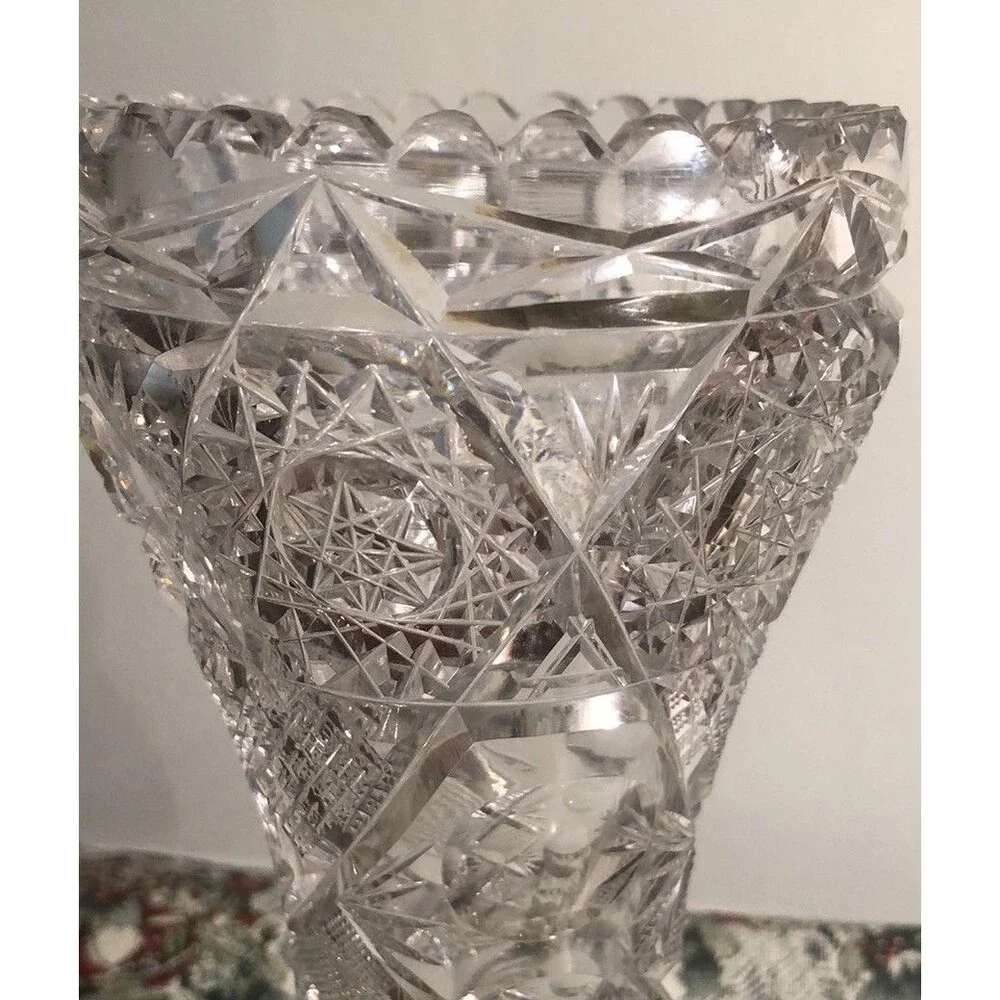 Vtg ABP  Cut Glass Corset Sawtooth Vase 10”